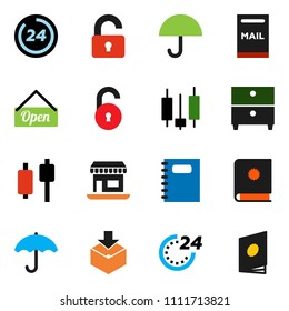 solid vector ixon set - copybook vector, archive, japanese candle, office, umbrella, package, unlock, mailbox, open, 24 hour, catalog