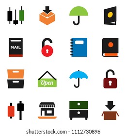 solid vector ixon set - copybook vector, archive, japanese candle, office, umbrella, package, unlock, mailbox, open, catalog