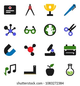 solid vector ixon set - corner ruler vector, drawing compass, glasses, backpack, apple fruit, pen, microscope, award cup, certificate, magnet, scissors, music, world, molecule, flask