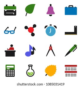 solid vector ixon set - corner ruler vector, drawing compass, glasses, student, case, backpack, pen, bell, calculator, alarm clock, music, molecule, flask, leaf, exam