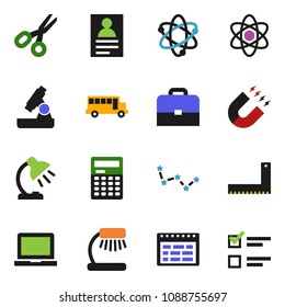 solid vector ixon set - corner ruler vector, case, atom, microscope, table lamp, calculator, notebook pc, schedule, magnet, scissors, school bus, personal information, constellation, exam