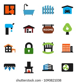 solid vector ixon set - cottage vector, water supply, fruit tree, garage, barn, fence, plan, rooms signboard, apartments, office building, lock, crib, bath, fireplace, air conditioner, ari condition