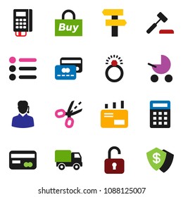 solid vector ixon set - credit card vector, support, buy, reader, calculator, auction, delivery, mail, unlock, coupon, diamond ring, baby stroller, signpost, menu, dollar shield
