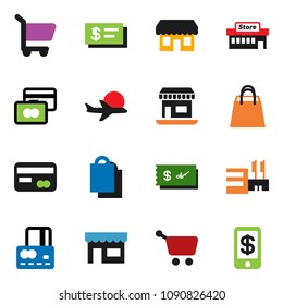 solid vector ixon set - credit card vector, office, plane, shopping bag, store, mall, cart, check, tap pay