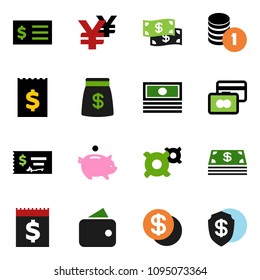 solid vector ixon set - credit card vector, cash, piggy bank, coin stack, check, receipt, any currency, yen sign, dollar, wallet, money bag, shield