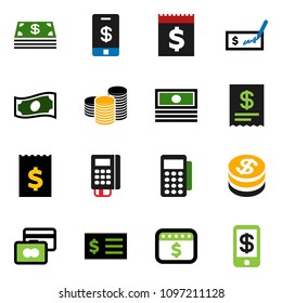 solid vector ixon set - credit card vector, cash, coin stack, check, receipt, dollar calendar, reader, tap pay