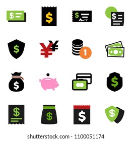 solid vector ixon set - credit card vector, money bag, piggy bank, coin stack, check, receipt, dollar shield, yen sign