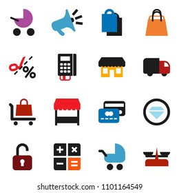 solid vector ixon set - credit card vector, shopping bag, market, store, reader, calculator, trolley, delivery, loudspeaker, unlock, coupon, diamond ring, baby stroller, scales