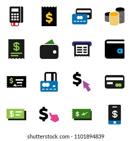 solid vector ixon set - credit card vector, wallet, coin stack, check, receipt, dollar cursor, reader, tap pay