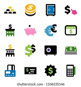 solid vector ixon set - credit card vector, piggy bank, check, building, dollar medal, safe, calendar, cursor, euro sign, gold ingot, coin, cash, reader