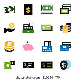 solid vector ixon set - credit card vector, cash, piggy bank, investment, coin stack, check, receipt, any currency, money, dollar, cashbox, shield