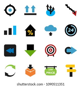 solid vector ixon set - crisis vector, percent growth, target, arrow down, top sign, package, sorting, backward button, refresh, cloud upload, route, low price signboard, 24 hour, signpost