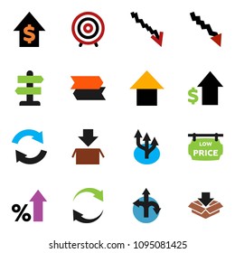 solid vector ixon set - crisis vector, percent growth, dollar, target, arrow up, route, signpost, refresh, low price signboard, package