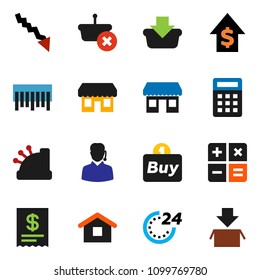 solid vector ixon set - crisis vector, dollar growth, office, barcode, 24 hour, store, support, buy, cashbox, receipt, basket, home, calculator, package