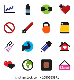 solid vector ixon set - cutting board vector, pen, pencil, graph, muscule hand, water bottle, prohibition sign, earth, weight, heart, stop button, cross, crutches, connection, love home, closed