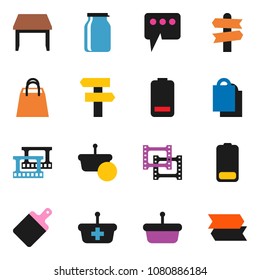 solid vector ixon set - cutting board vector, jar, signpost, film frame, battery, message, table, shopping bag, basket