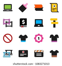 solid vector ixon set - cutting board vector, notebook pc, certificate, annual report, t shirt, medal, prohibition sign, cinema clap, film frame, signpost, clothes