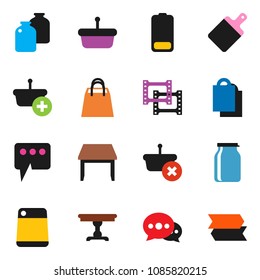 solid vector ixon set - cutting board vector, jar, film frame, battery, message, table, shopping bag, basket, signpost