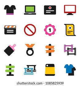 solid vector ixon set - cutting board vector, notebook pc, certificate, t shirt, medal, prohibition sign, signpost, cinema clap, film frame, monitor, clothes
