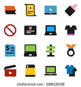 solid vector ixon set - cutting board vector, notebook pc, certificate, annual report, t shirt, medal, prohibition sign, signpost, cinema clap, clothes