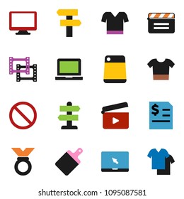 solid vector ixon set - cutting board vector, notebook pc, annual report, t shirt, medal, prohibition sign, signpost, cinema clap, film frame, monitor, clothes
