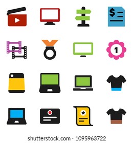 solid vector ixon set - cutting board vector, notebook pc, certificate, annual report, t shirt, medal, signpost, cinema clap, film frame, monitor, clothes