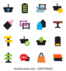 solid vector ixon set - cutting board vector, jar, signpost, film frame, battery, message, table, shopping bag, basket
