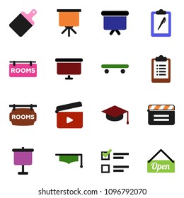 solid vector ixon set - cutting board vector, graduate hat, presentation, exam, clipboard, skateboard, cinema clap, rooms signboard, open
