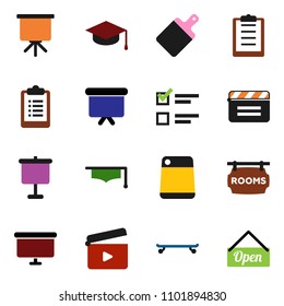 solid vector ixon set - cutting board vector, graduate hat, presentation, exam, clipboard, skateboard, cinema clap, rooms signboard, open