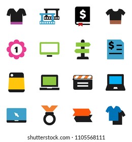 solid vector ixon set - cutting board vector, notebook pc, annual report, t shirt, medal, signpost, cinema clap, film frame, monitor, clothes