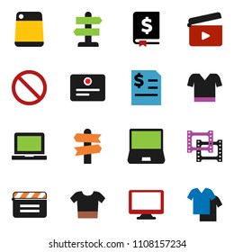 solid vector ixon set - cutting board vector, notebook pc, certificate, annual report, t shirt, prohibition sign, signpost, cinema clap, film frame, monitor, clothes