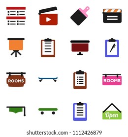 solid vector ixon set - cutting board vector, graduate hat, presentation, exam, clipboard, skateboard, cinema clap, rooms signboard, open