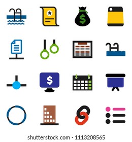 solid vector ixon set - cutting board vector, schedule, certificate, money bag, presentation, monitor dollar, calendar, pool, hoop, gymnast rings, connect, chain, network document, building, menu