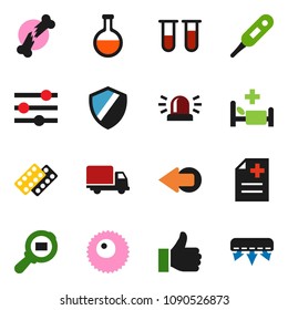 solid vector ixon set - delivery vector, cargo search, finger up, thermometer, flask, vial, broken bone, pills blister, anamnesis, hospital bed, ovule, equalizer, shield, arrow, siren