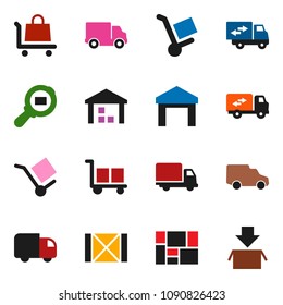 solid vector ixon set - delivery vector, car, wood box, consolidated cargo, warehouse, search, relocation truck, trolley, package