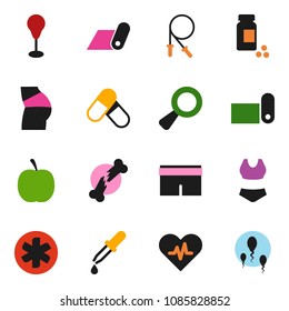 solid vector ixon set - diet vector, pills vial, jump rope, punching bag, buttocks, shorts, swimsuite, fitness mat, ambulance star, heart pulse, magnifier, dropper, broken bone, sperm