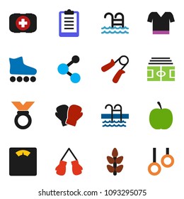 solid vector ixon set - diet vector, scales, stadium, clipboard, hand trainer, boxing glove, t shirt, roller Skates, medal, molecule, cereals, pool, first aid kit, gymnast rings