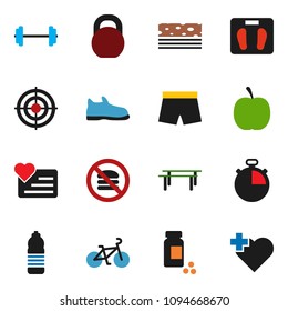 solid vector ixon set - diet vector, barbell, scales, stopwatch, pills vial, bike, weight, horizontal bar, snickers, shorts, target, water bottle, breads, no fastfood, heart monitor, cross