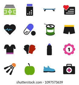 solid vector ixon set - diet vector, heart pulse, stadium, pills vial, snickers, boxing glove, shorts, t shirt, skateboard, medal, sports nutrition, water bottle, shuttlecock, monitor, first aid kit
