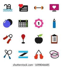 solid vector ixon set - diet vector, barbell, measuring, clipboard, jump rope, hand trainer, punching bag, fitball, boxing glove, medal, calendar, pool, heart monitor, hoop