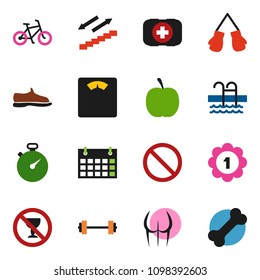 solid vector ixon set - diet vector, barbell, scales, stopwatch, bike, buttocks, snickers, boxing glove, medal, calendar, stairways run, pool, prohibition sign, no alcohol, first aid kit, bone