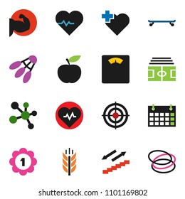 solid vector ixon set - diet vector, scales, heart pulse, stadium, muscule hand, skateboard, target, medal, molecule, calendar, stairways run, cereals, shuttlecock, cross, hoop