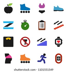 solid vector ixon set - diet vector, measuring, scales, stopwatch, clipboard, buttocks, snickers, swimsuite, roller Skates, heart monitor, stairways run, no alcohol sign, stadium