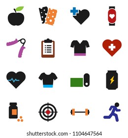 solid vector ixon set - diet vector, barbell, heart pulse, clipboard, pills vial, hand trainer, t shirt, target, enegry drink, monitor, fitness mat, breads, cross, run