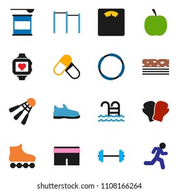 solid vector ixon set - diet vector, barbell, scales, horizontal bar, snickers, boxing glove, shorts, roller Skates, pills, sports nutrition, heart monitor, breads, shuttlecock, pool, hoop, run