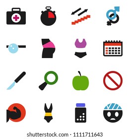 solid vector ixon set - diet vector, stopwatch, pills vial, muscule hand, buttocks, swimsuite, calendar, stairways run, prohibition sign, first aid kit, gender, magnifier, scalpel, eye doctor hat