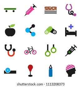 solid vector ixon set - diet vector, bike, punching bag, skateboard, molecule, breads, gymnast rings, syringe, stethoscope, pills, eye doctor hat, hospital bed, head bandage