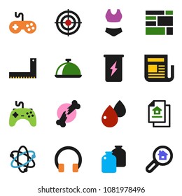 solid vector ixon set - dish vector, jar, corner ruler, atom, swimsuite, target, enegry drink, consolidated cargo, newspaper, gamepad, headphones, broken bone, blood drop, estate document, search