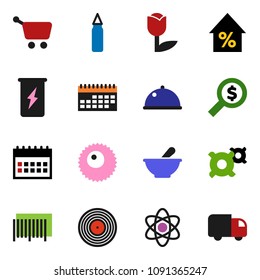 solid vector ixon set - dish vector, atom, percent growth, money search, calendar, any currency, punching bag, enegry drink, tulip, disk, mortar, ovule, barcode, cart, delivery