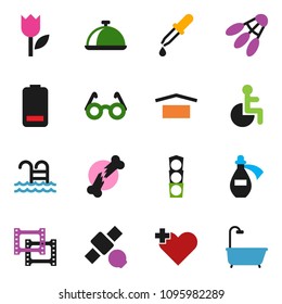 solid vector ixon set - dish vector, glasses, shuttlecock, pool, satellite, traffic light, dry cargo, tulip, film frame, battery, disabled, heart cross, dropper, broken bone, potion, bath